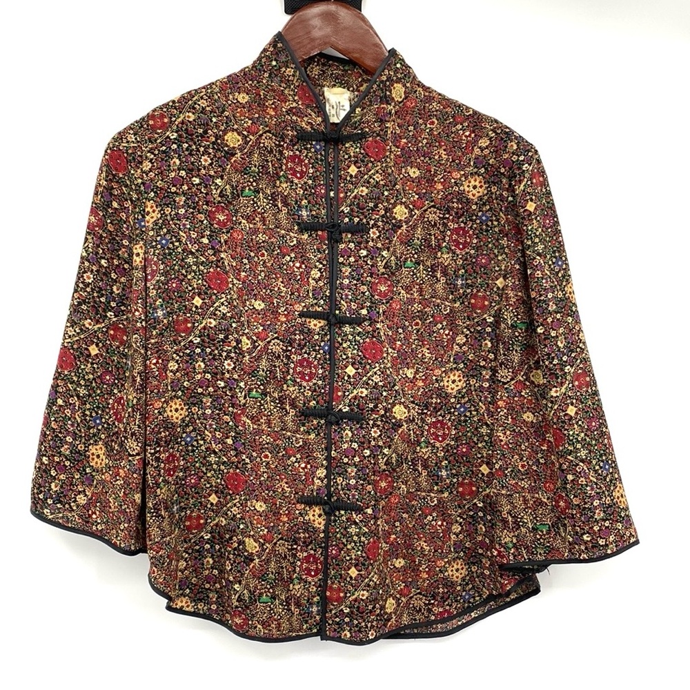 VTG Asian Blouse Womens XS Small Frog Buttons Botanical‎ Floral Mandarin Collar
